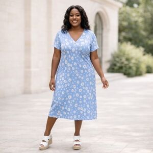 Worthington Blue with White Floral print Stretchy Midi Dress